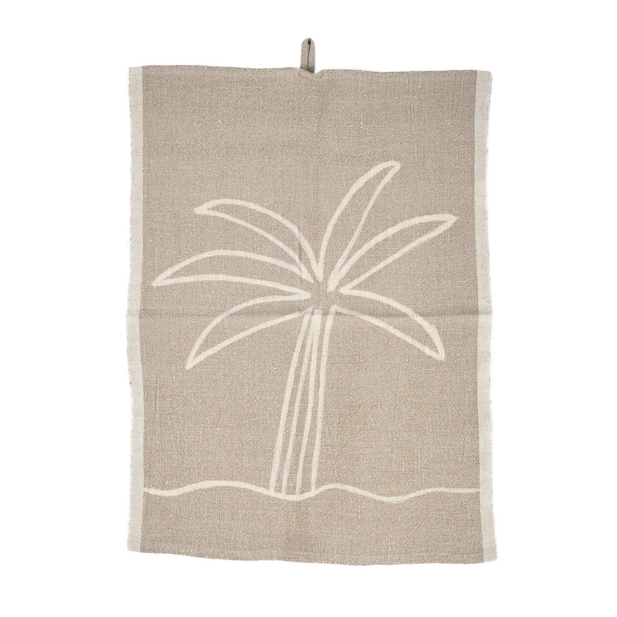 Torchon en lin naturel beige motif palmier blanc cassé