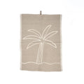 Torchon en lin naturel beige motif palmier blanc cassé