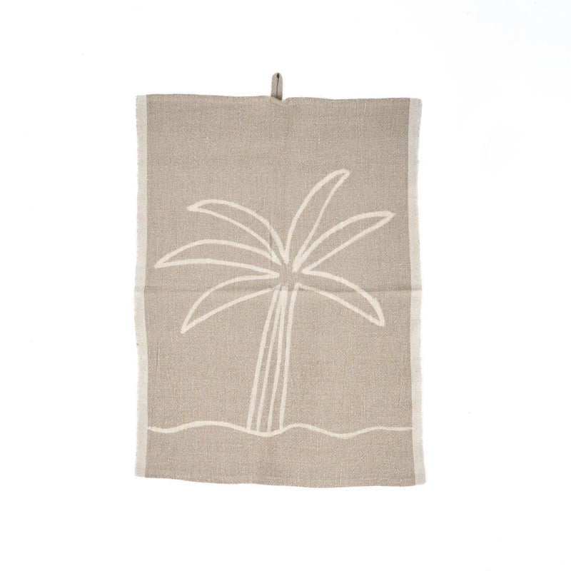 Torchon en lin naturel motif palmier blanc cassé