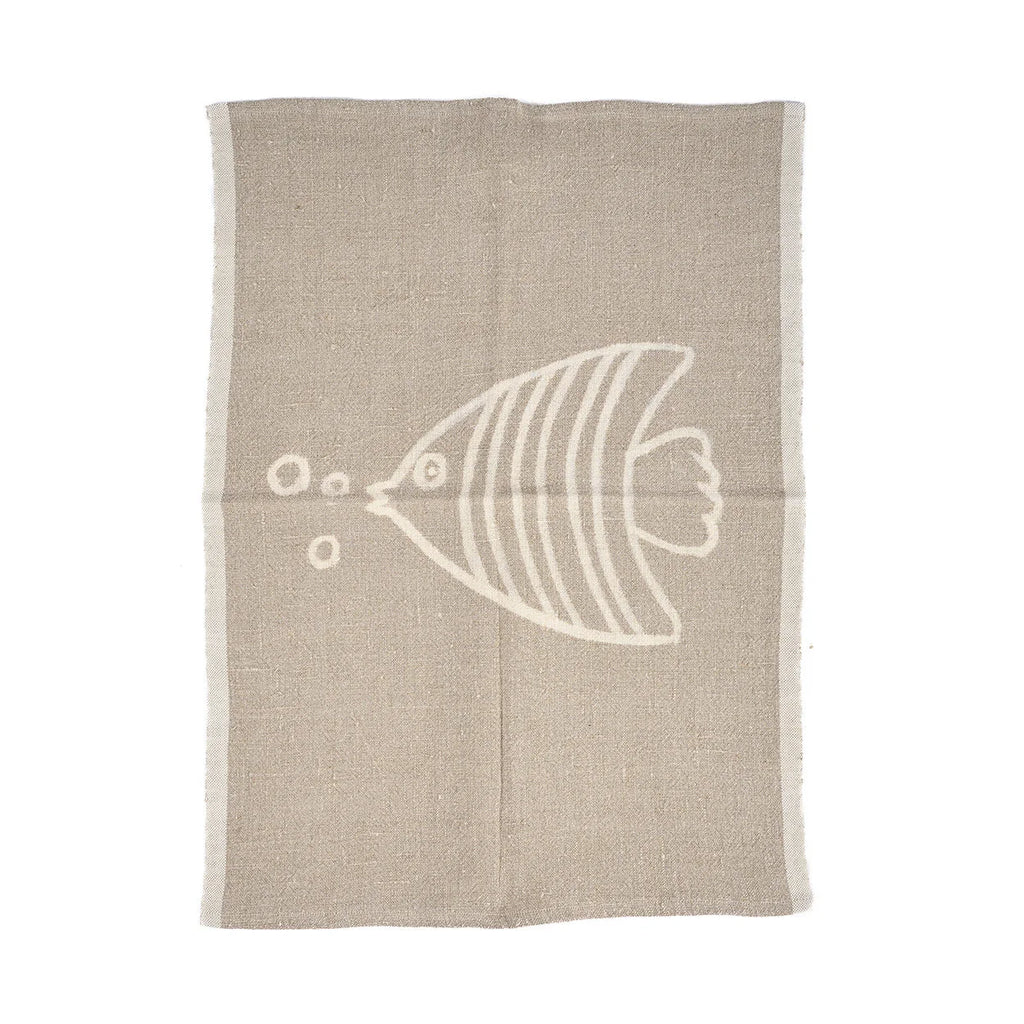 Torchon en lin naturel beige motif poisson blanc à rayures et bulles