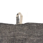 Sac en tissu tweed gris avec anse tissée, torchon lin rayé noir beige boucle