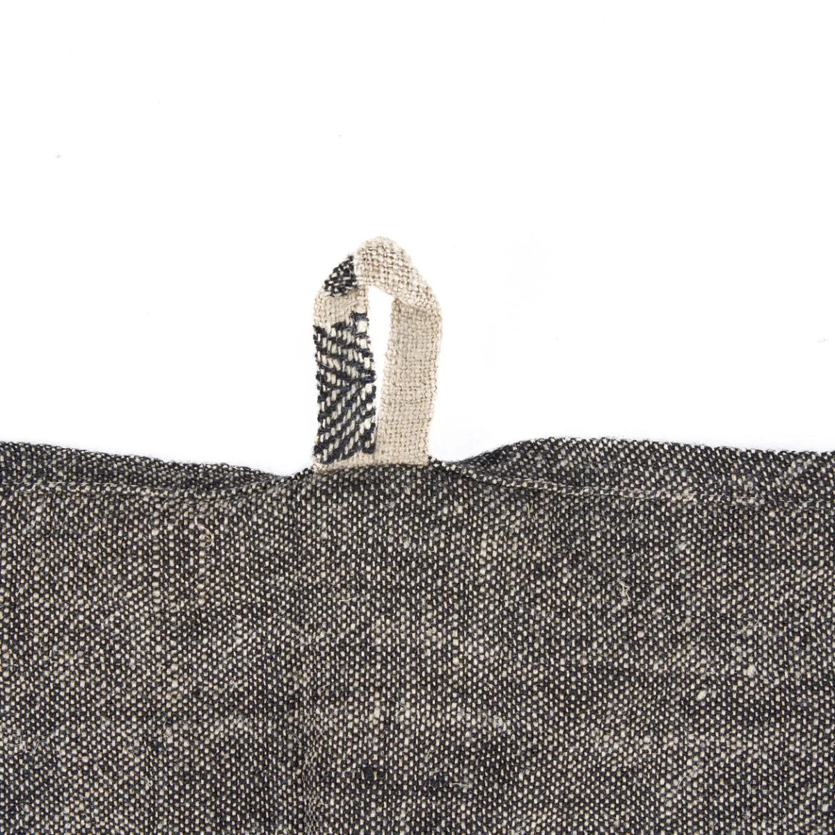 Sac en tissu tweed gris avec anse tissée, torchon lin rayé noir beige boucle