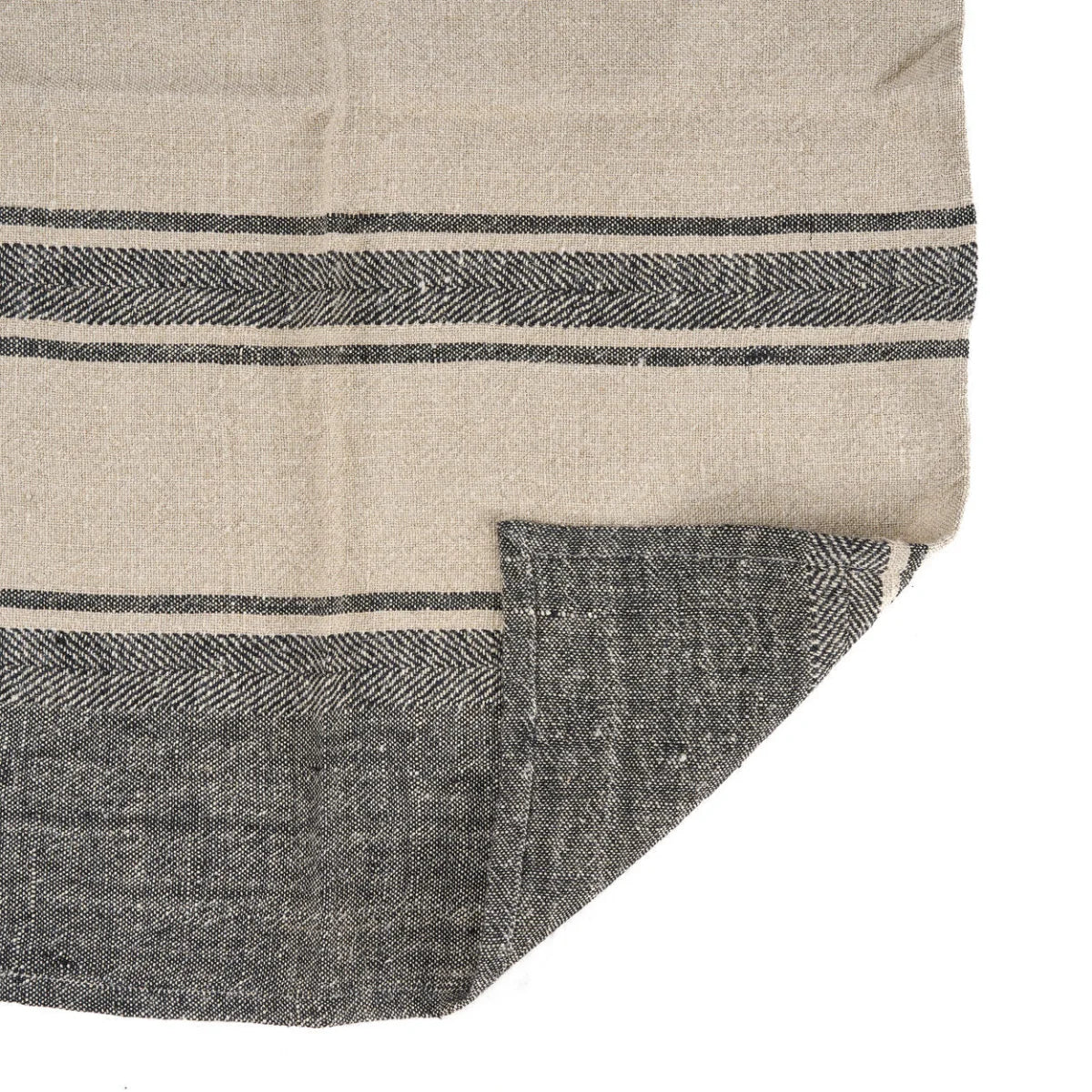 Torchon en lin naturel rayé noir et beige avec boucle