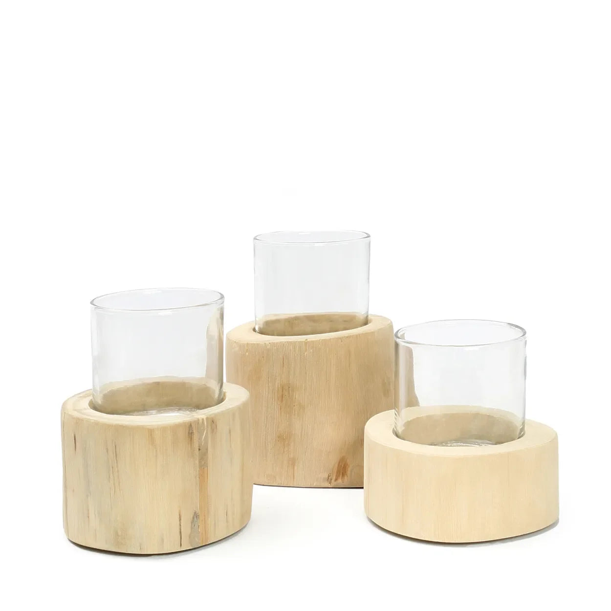 Trio de bougies en teck blanchi avec verre décoratif