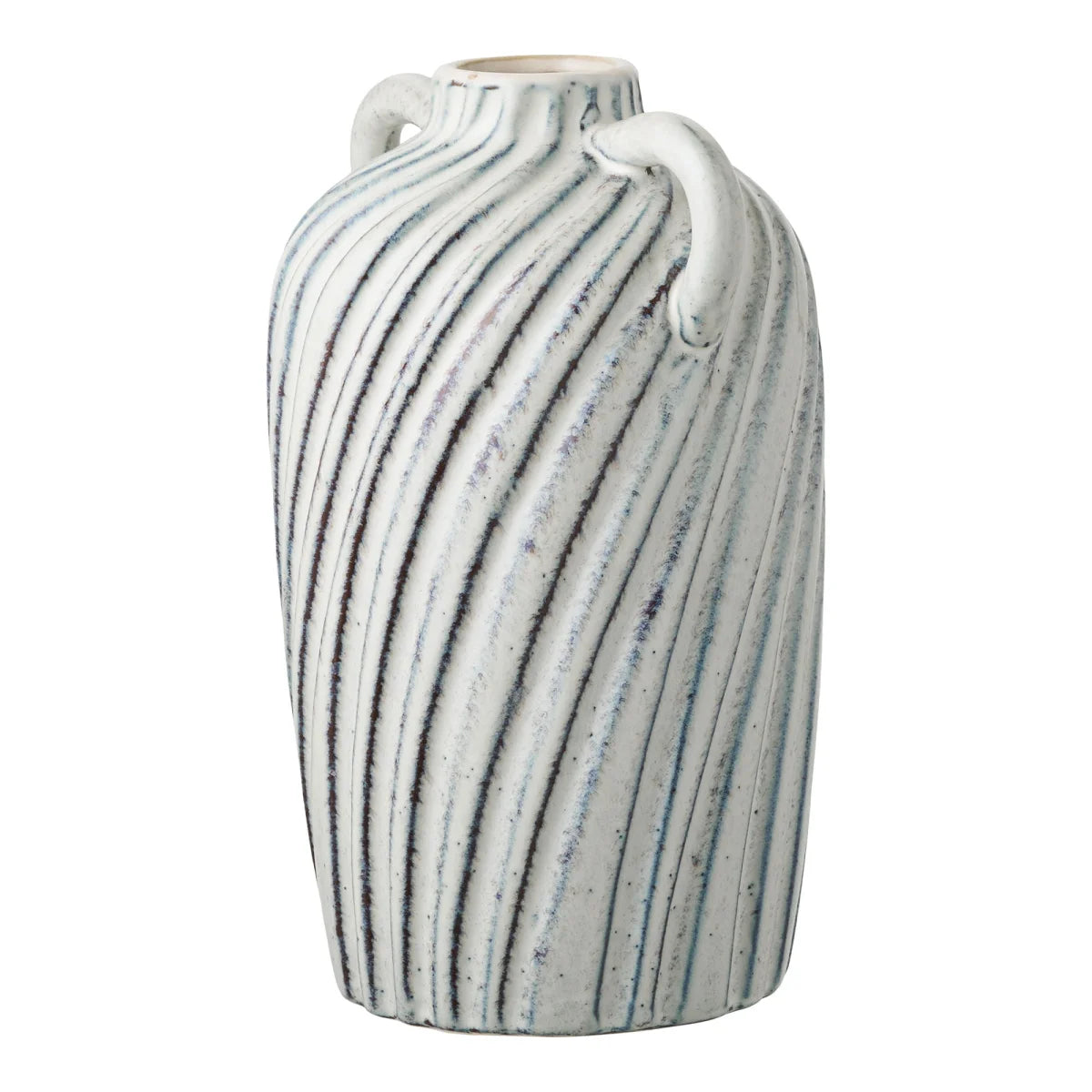 Vase amphore en céramique blanc cassé avec rayures noires et bleues distressed