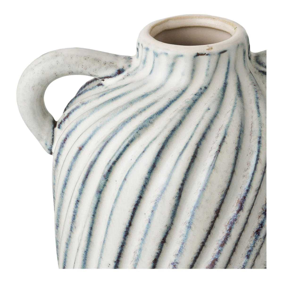 Vase amphore en céramique blanc cassé et bleu-gris avec texture et deux poignées