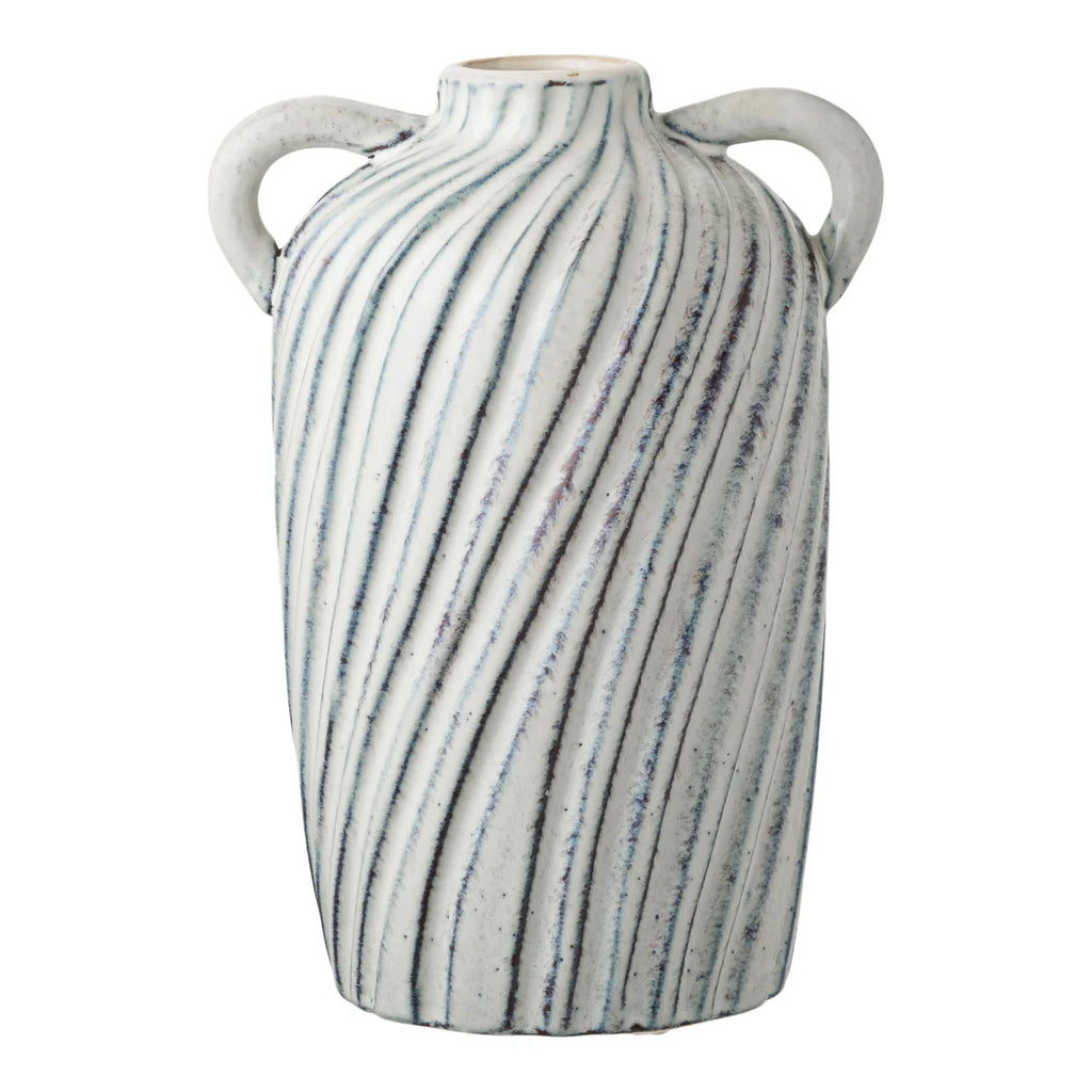 Vase amphore en céramique texturée blanc cassé avec rayures bleu-gris