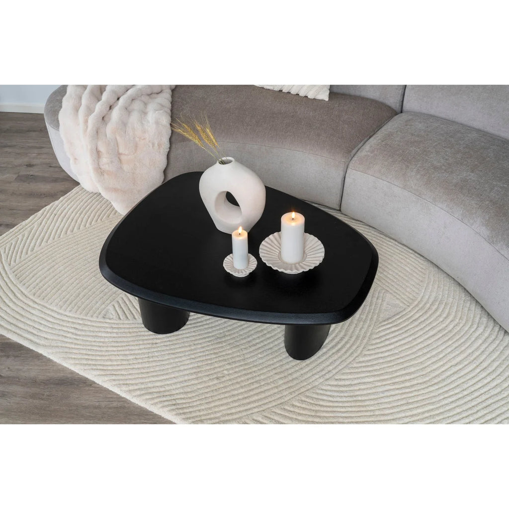 Table basse ovale noire avec pieds arrondis et vase en céramique blanc 28 cm