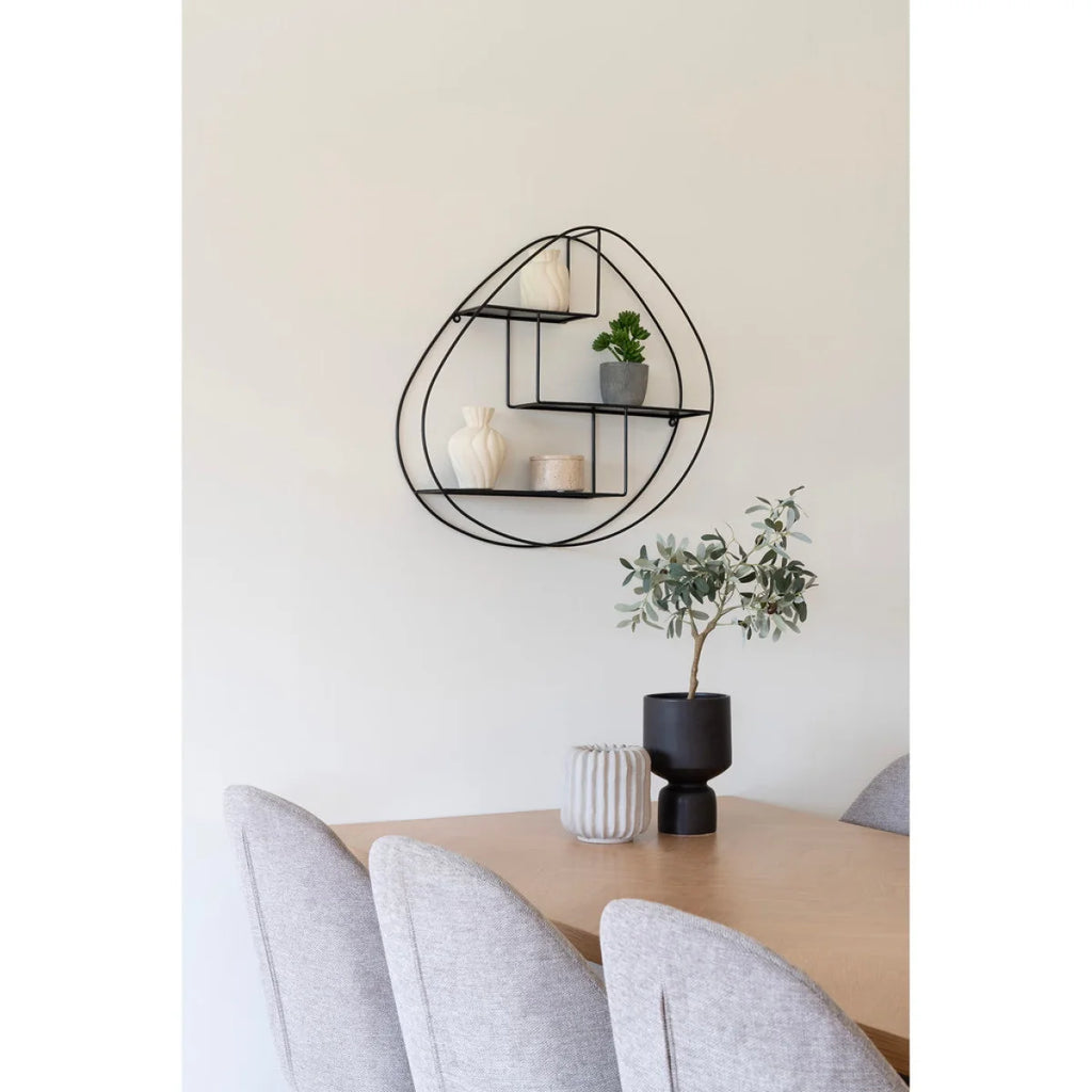 Étagère murale en métal noir avec cadre ovale abstrait et trois étagères décalées