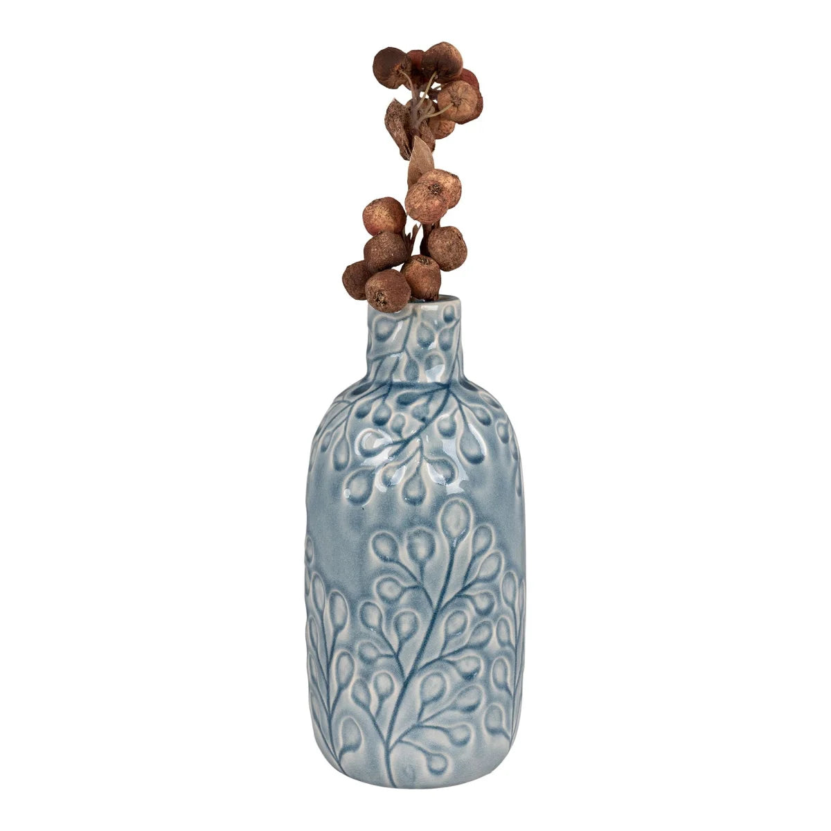 Vase en céramique bleu clair motif feuille en relief avec baies sèches, H26 cm