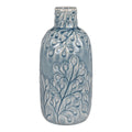 Vase en céramique bleu mat motif végétal relief col étroit H26 cm