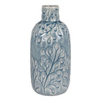 Vase en céramique bleu mat motif végétal relief col étroit H26 cm