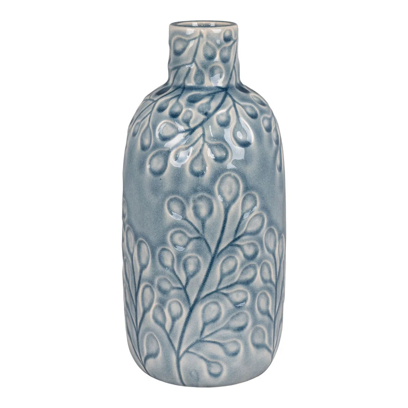 Vase en céramique bleu motif végétal relief col étroit – H26 cm