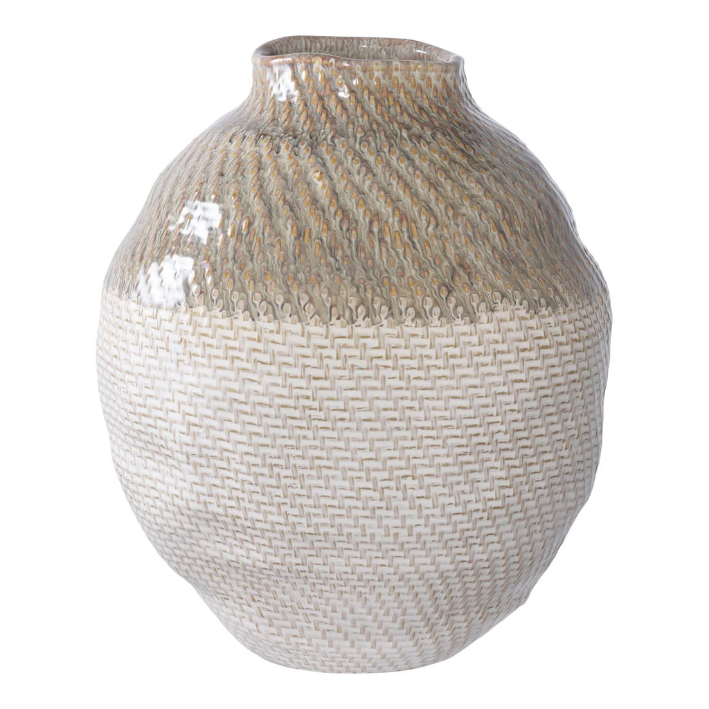 Vase en céramique bombée blanc cassé et taupe à relief tressé H30 cm