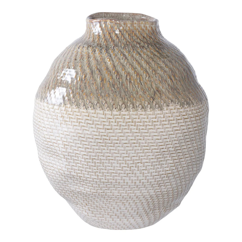 Vase en céramique bombée blanc cassé et taupe à relief tressé – H30 cm