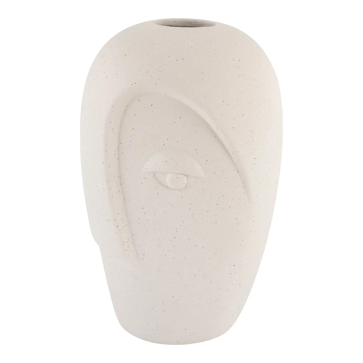 Vase en céramique mate sable visage sculpté, H19 cm, minimaliste blanc texturé