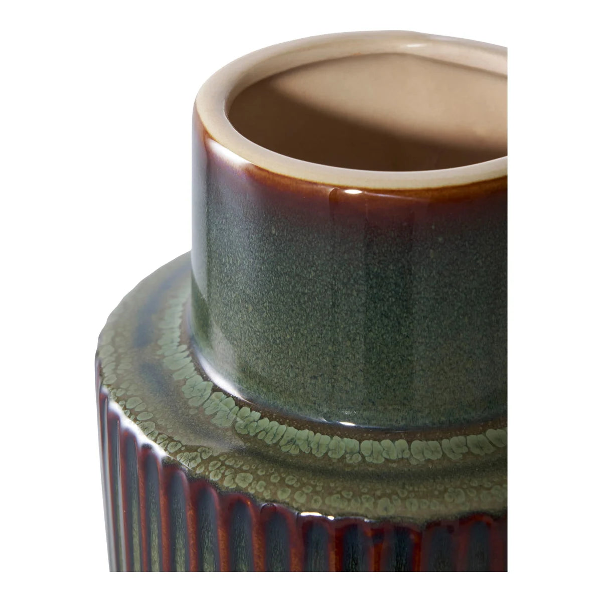 Vase en céramique vert bouteille et brun à relief rainuré H30 cm