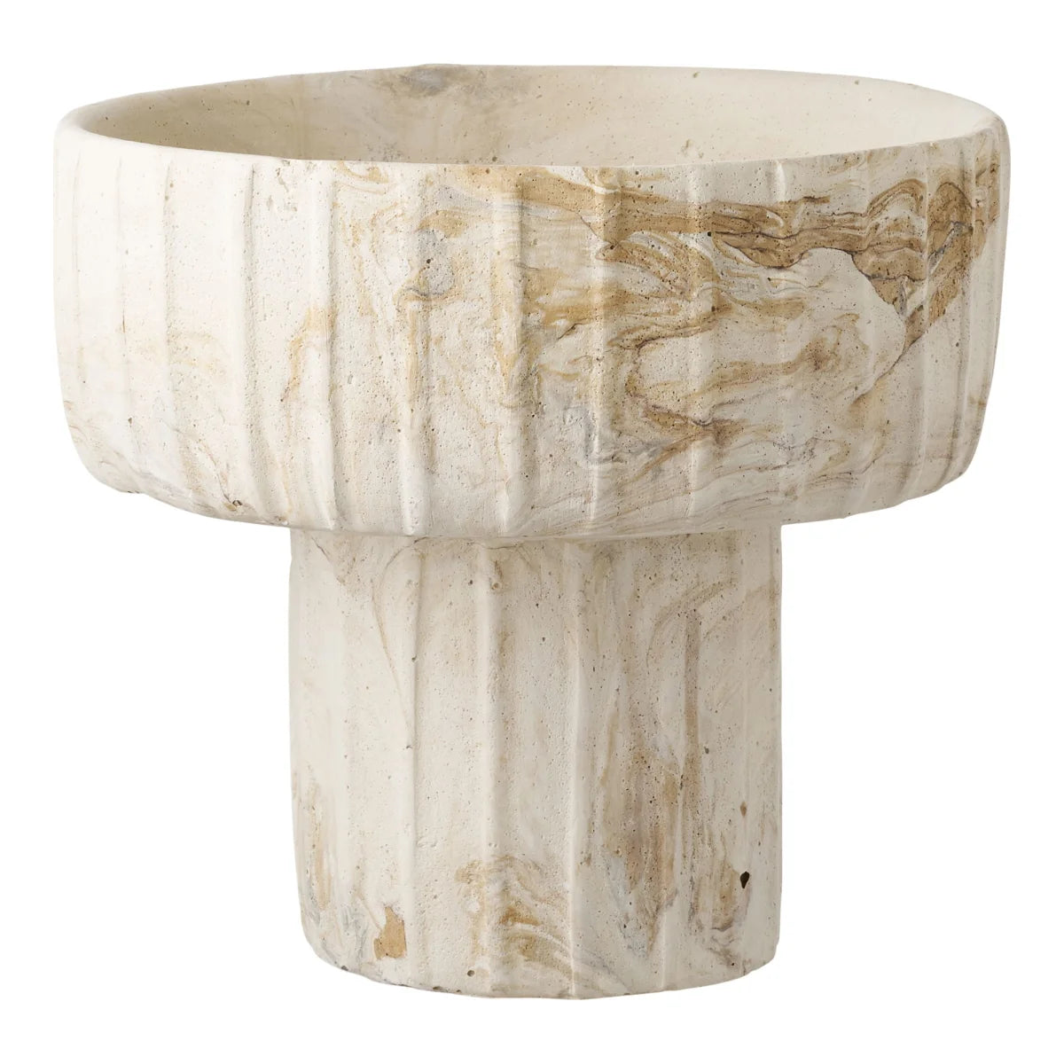 Vase en ciment beige marbré avec texture rainurée, diamètre 20,5 cm
