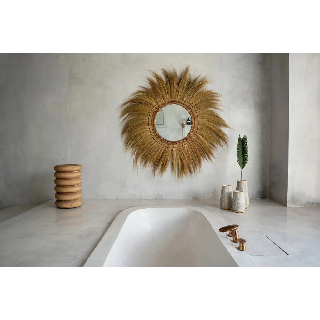 Vase conique en terre cuite et rotin béton naturel – H26 cm