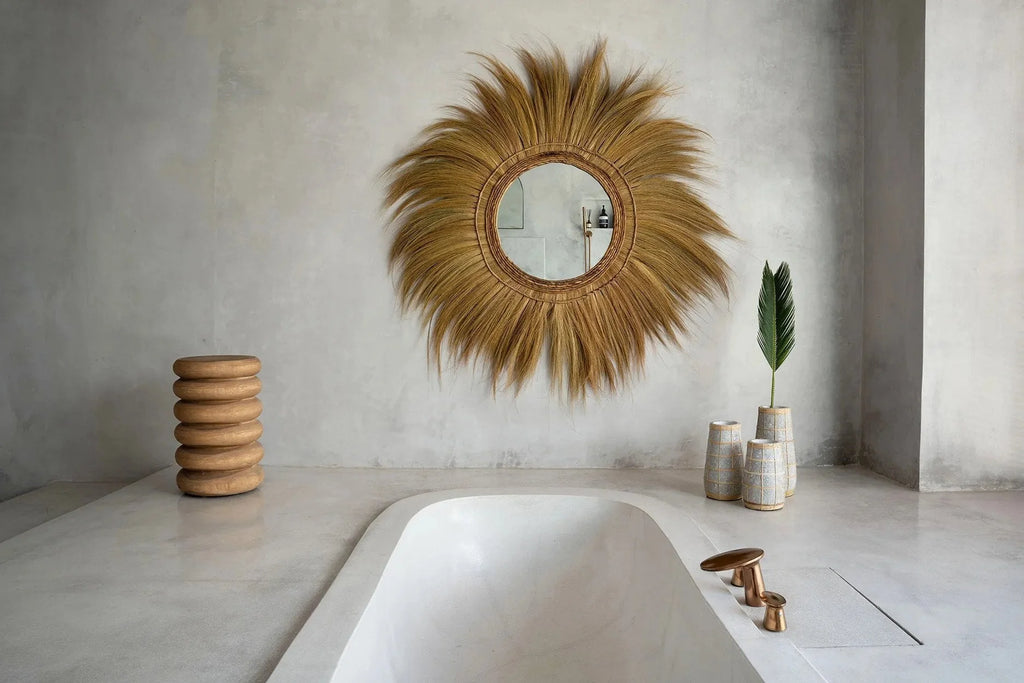 Miroir en paille de style bohème, miroir rond avec cadre en rotin naturel