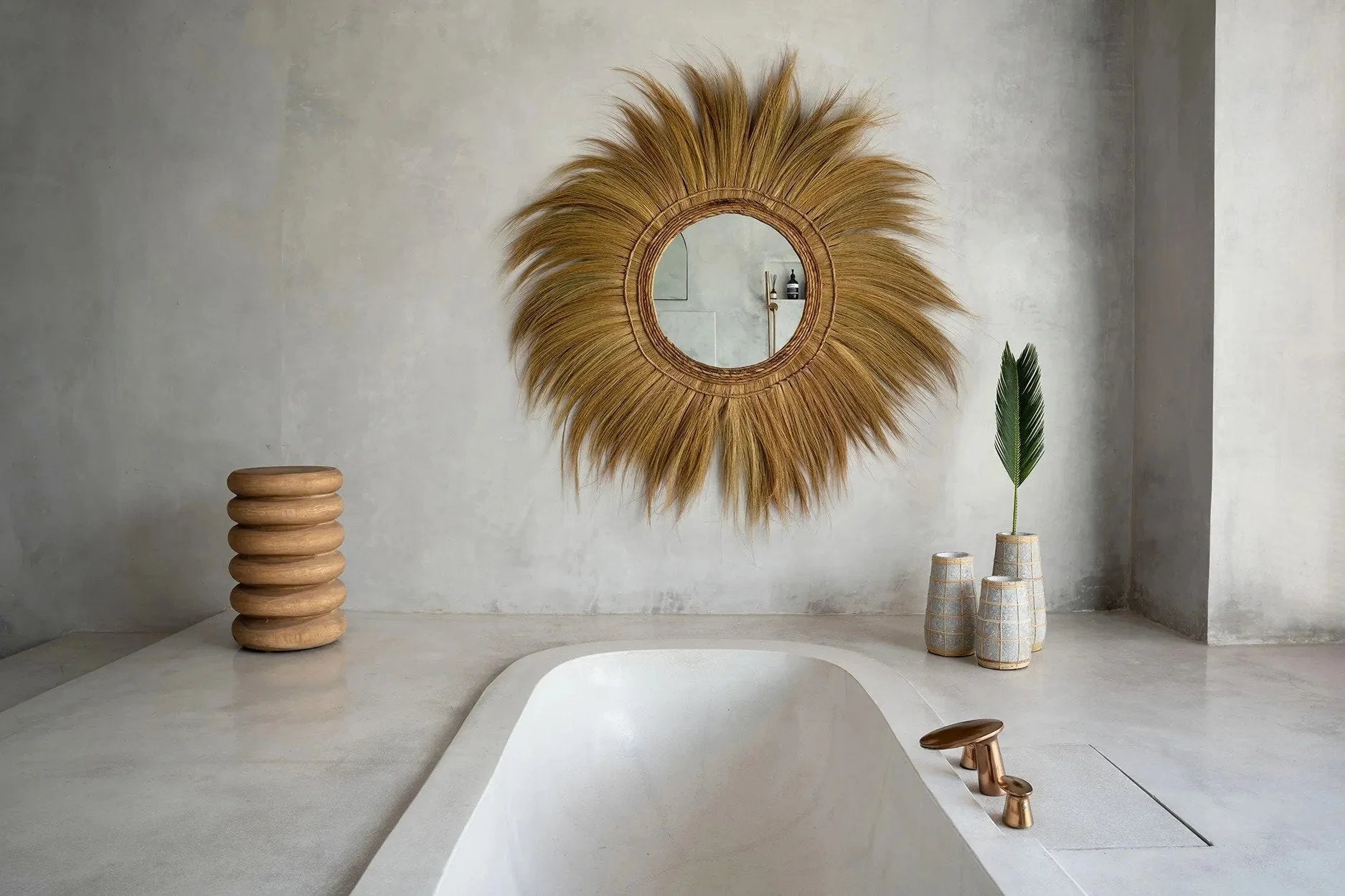 Miroir en paille de style bohème, miroir rond avec cadre en rotin naturel