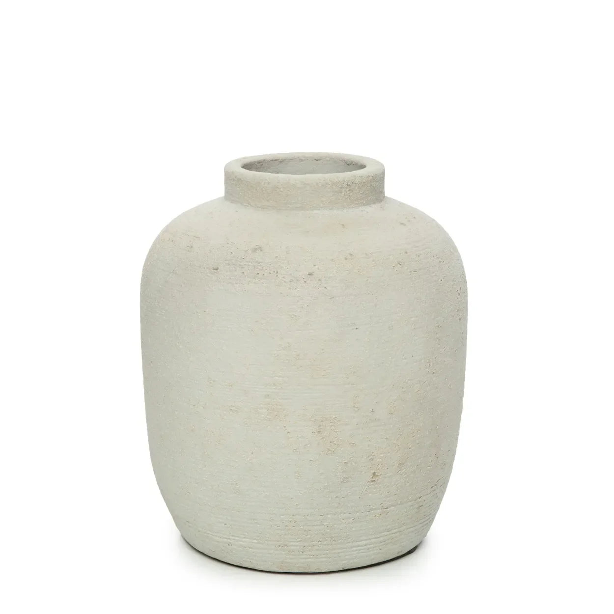 Vase cylindrique en terre cuite effet béton beige avec une finition blanche ronde
