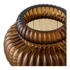 Vase déco en verre fumé ambré avec relief fluté et bord ruffled, diamètre 20 cm