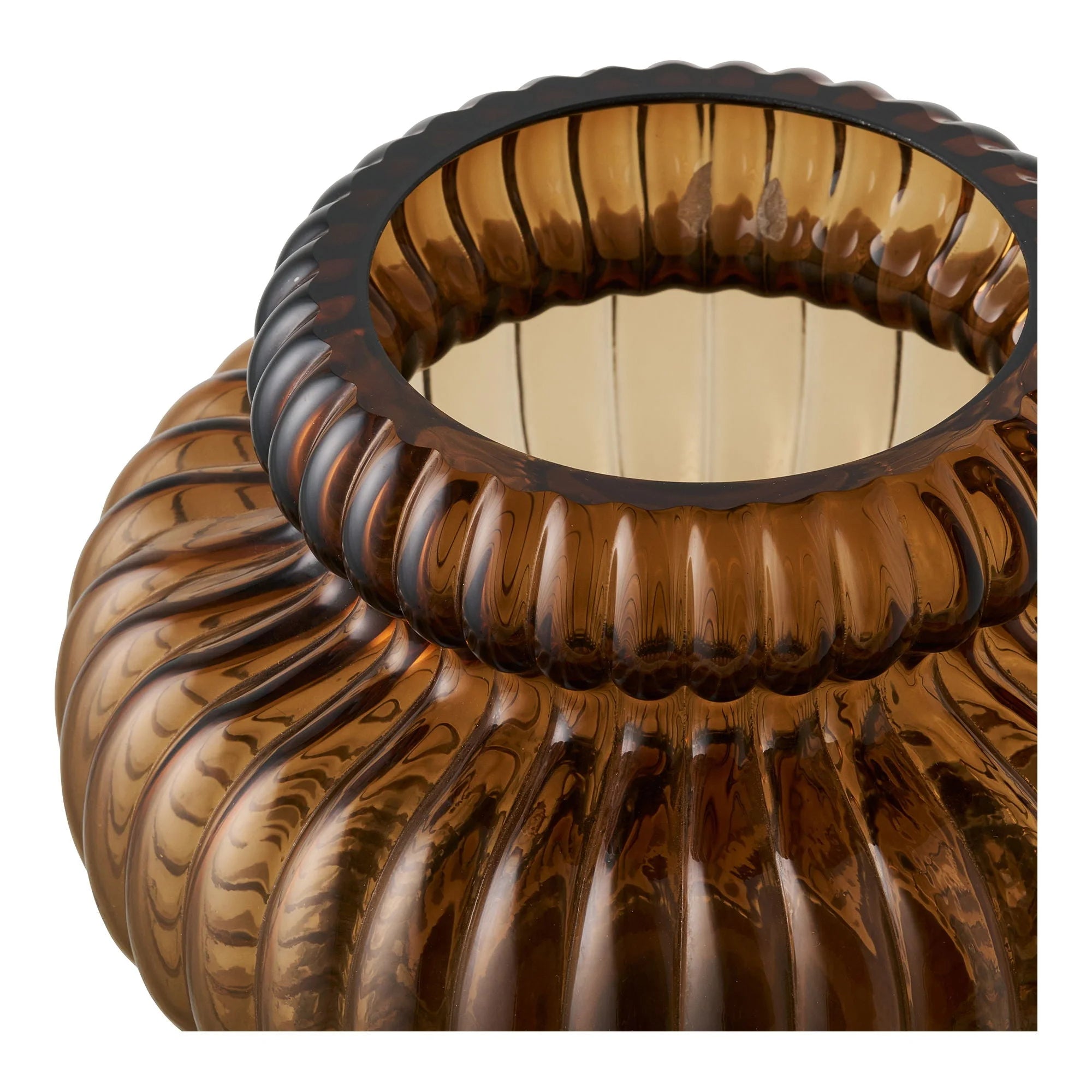 Vase déco en verre fumé ambré avec relief fluté et bord ruffled, diamètre 20 cm