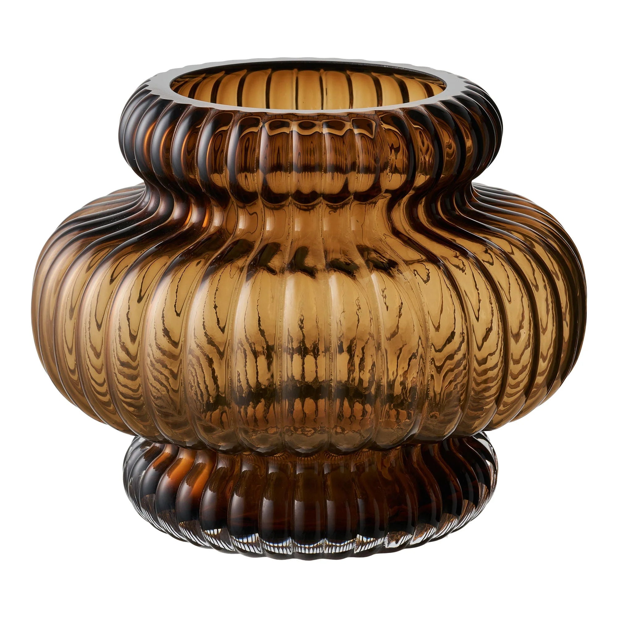 Vase déco en verre fumé ambré relief fluté en forme de citrouille Ø20 cm
