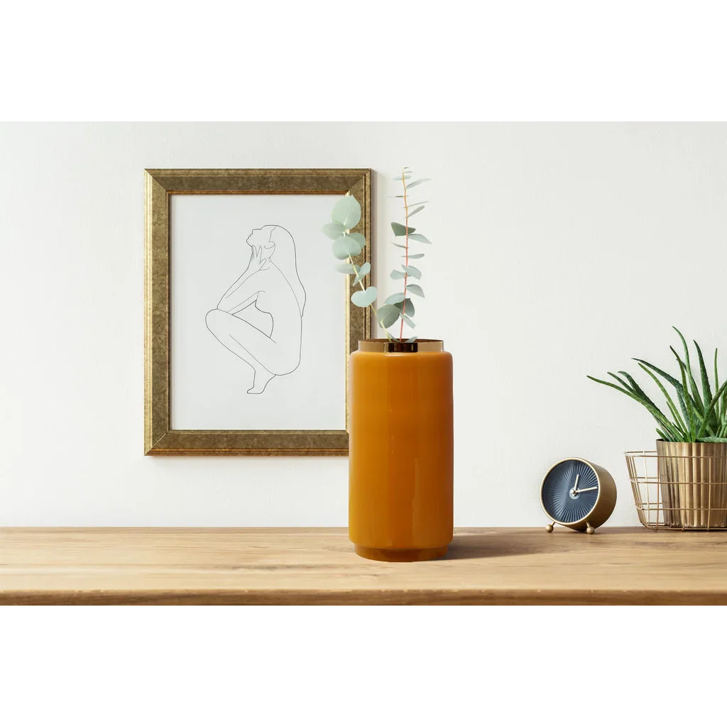 Vase Art Deco 430 Gelb Gold en céramique haute avec branche d eucalyptus