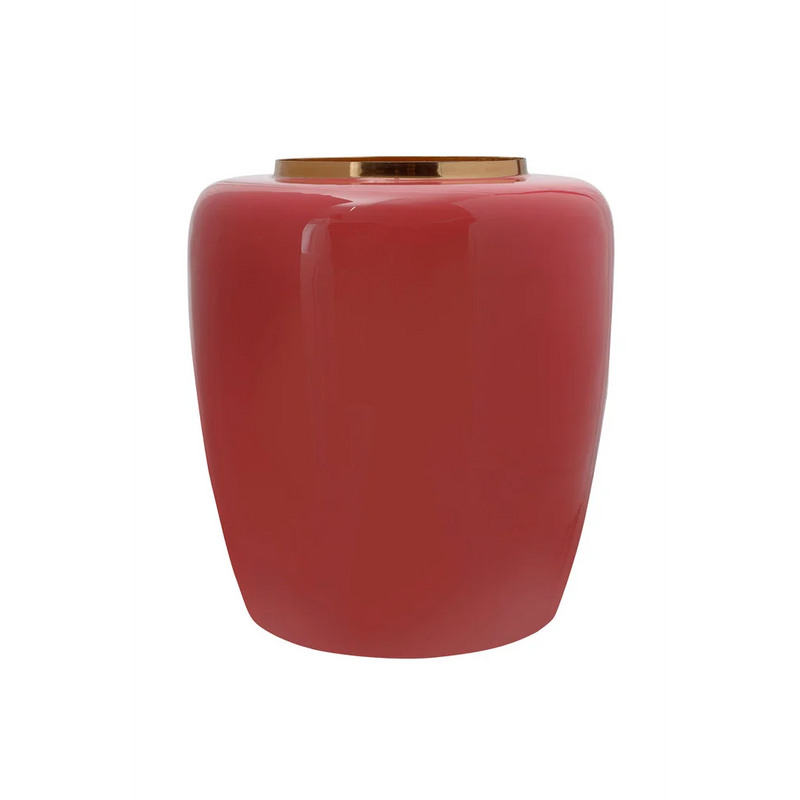 Vase décoratif arrondi en métal émaillé corail et doré – H36,5 cm