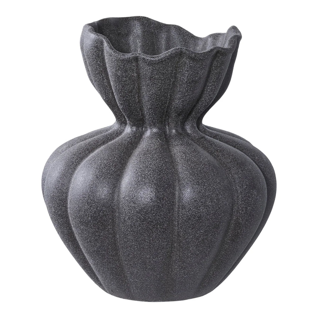 Vase décoratif en céramique anthracite effet pierre, col ondulé, H19 cm