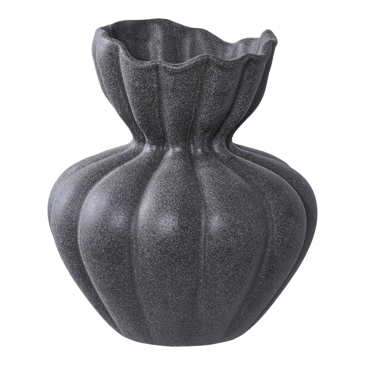 Vase décoratif en céramique anthracite effet pierre, col ondulé, H19 cm