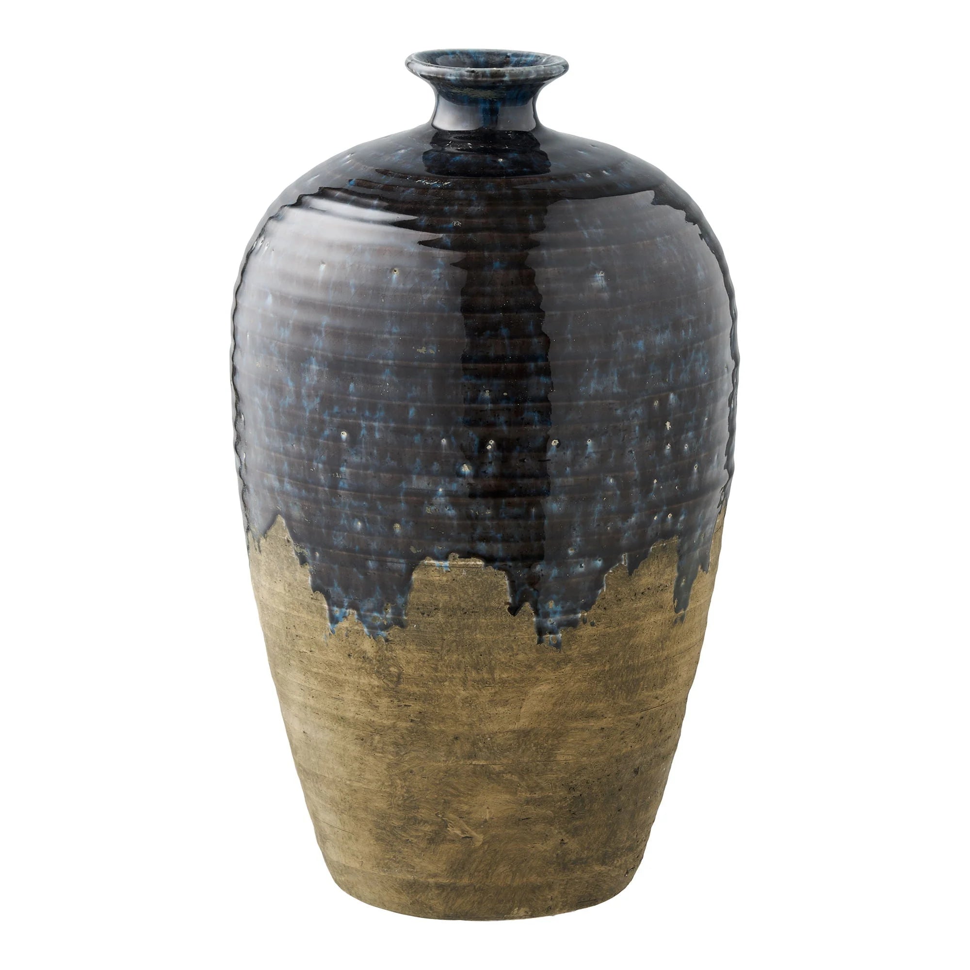 Vase décoratif en céramique bicolore bleu nuit et ocre, H44,5 cm
