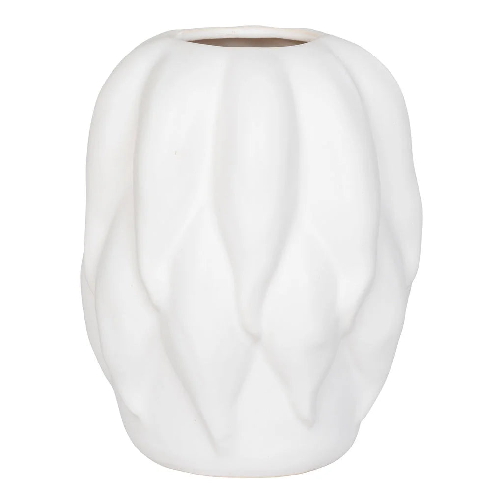 Vase décoratif en céramique blanche mate avec design texturé et cannelé, H26 cm