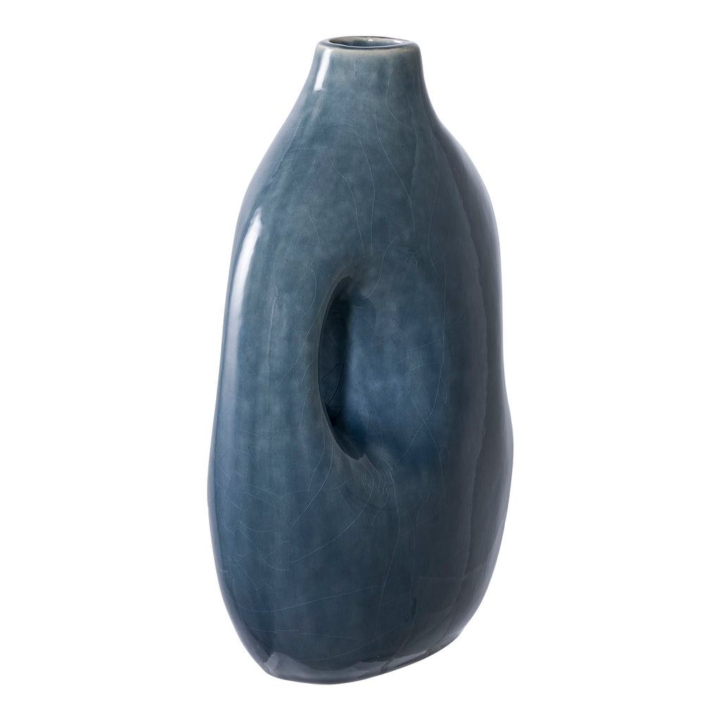 Vase décoratif en céramique bleu pétrole ajouré, finition satinée, H25 cm