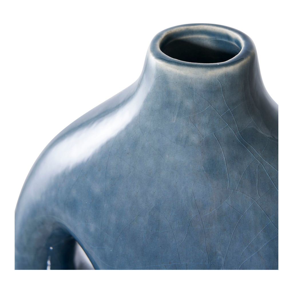 Vase décoratif en céramique bleu pétrole ajouré, finition satinée, H25 cm