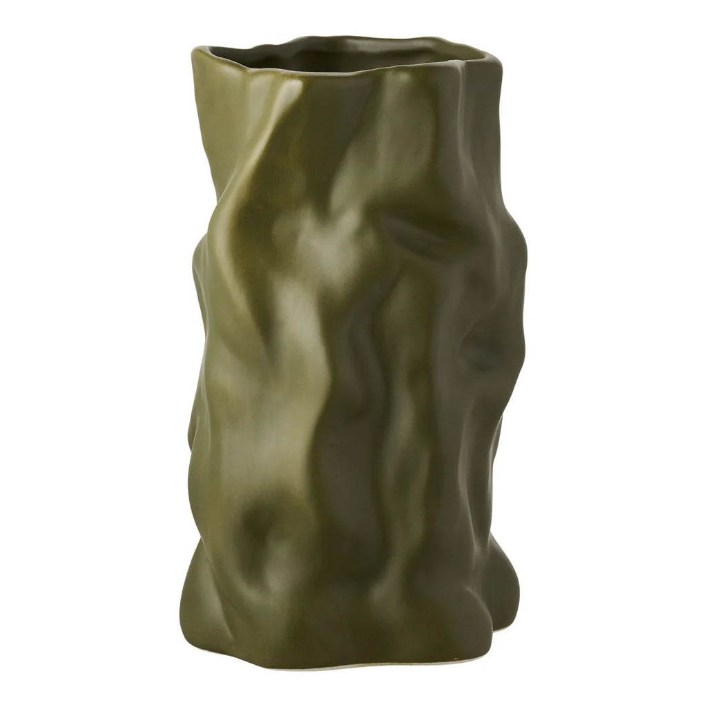Vase en céramique vert olive mat, forme organique texturée, H25 cm