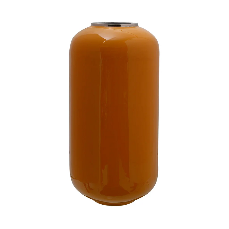 Vase décoratif cylindrique en métal laqué ambre et argent – H45 cm