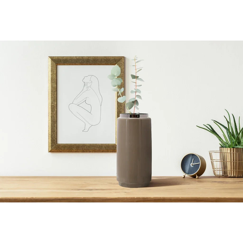 Vase Art Deco 430 Taupe Silber, grand vase cylindrique en céramique taupe avec bord métallique