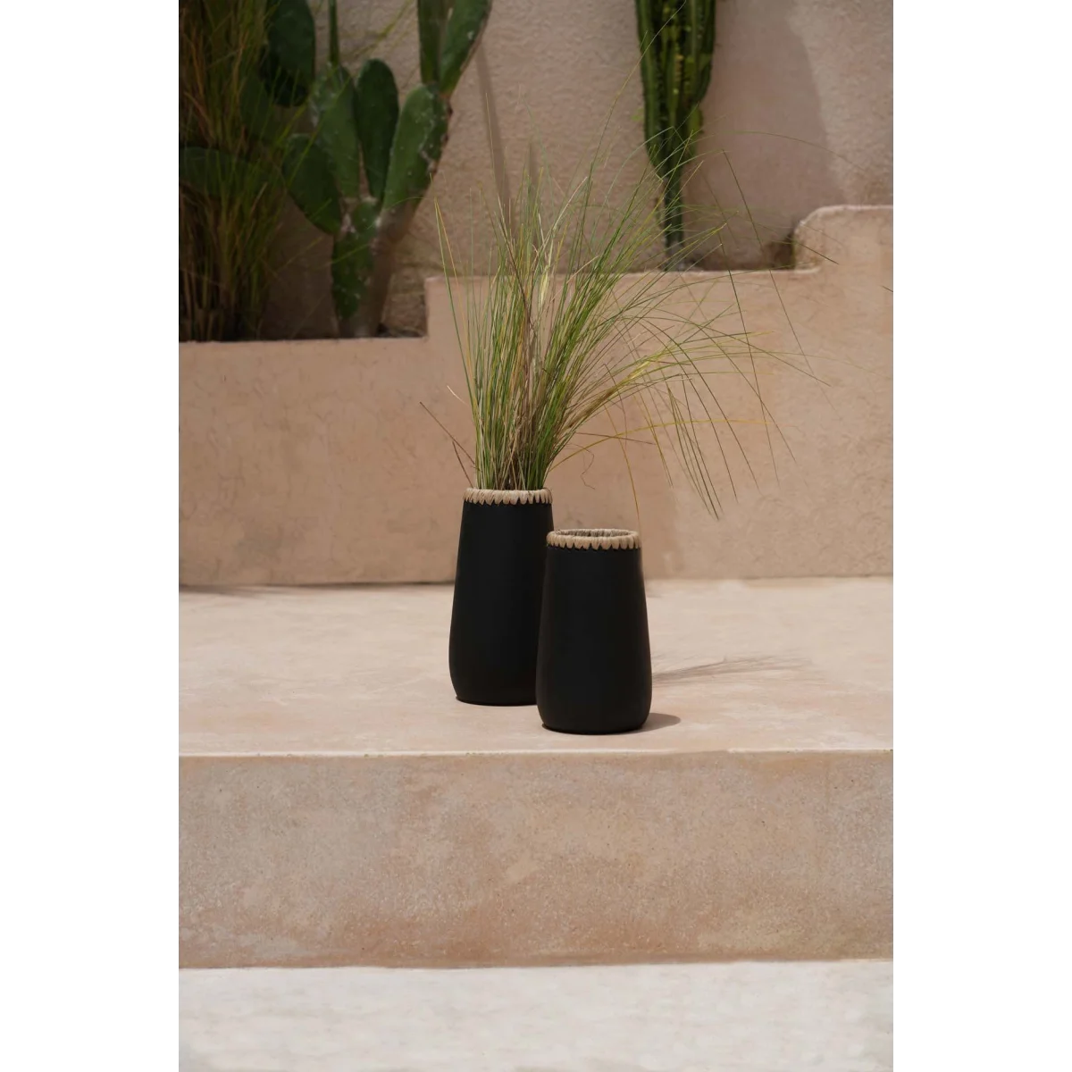 Vases décoratifs noirs en terre cuite avec herbe ornementale verte et textures