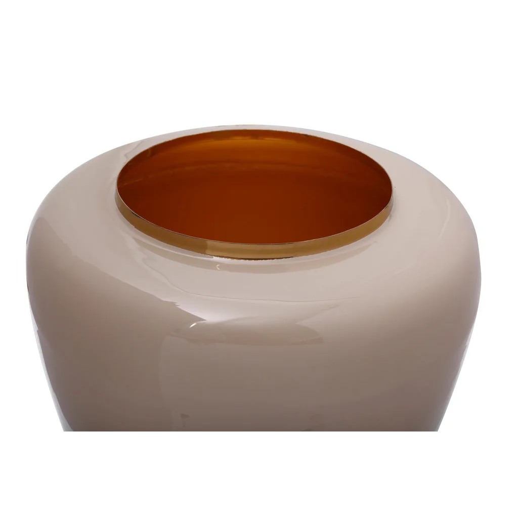 Vase Art Deco 100 Taupe Gold, vase beige brillant avec bord en laiton et intérieur orange foncé