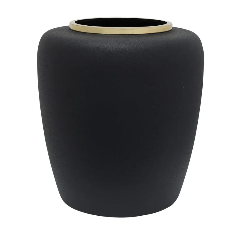 Vase décoratif en métal noir mat avec col doré bombé – H35 cm