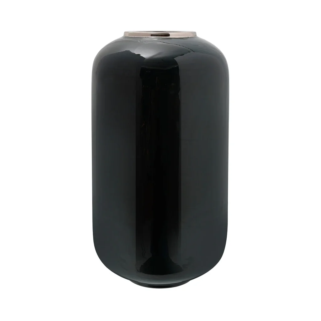 Vase Art Deco 250 Dunkelgrün Silber, vase cylindrique noir brillant avec bord en argent