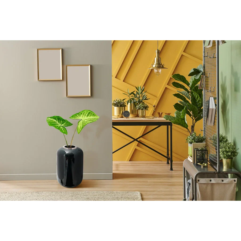 Vase Art Deco 250 Dunkelgrün / Silber en céramique noire avec deux feuilles vertes