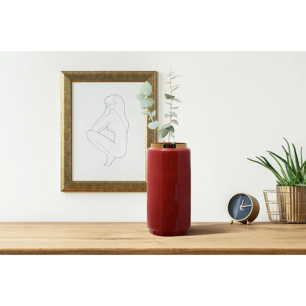 Vase Art Deco 430 Koralle Gold, vase cylindrique rouge foncé brillant avec bordure or