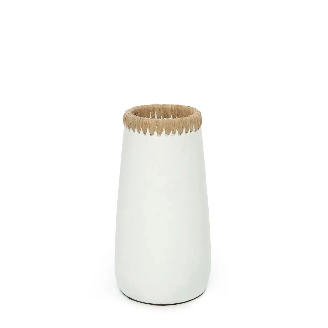Vase décoratif en terre cuite blanc naturel avec bordure en raphia, hauteur 26 cm