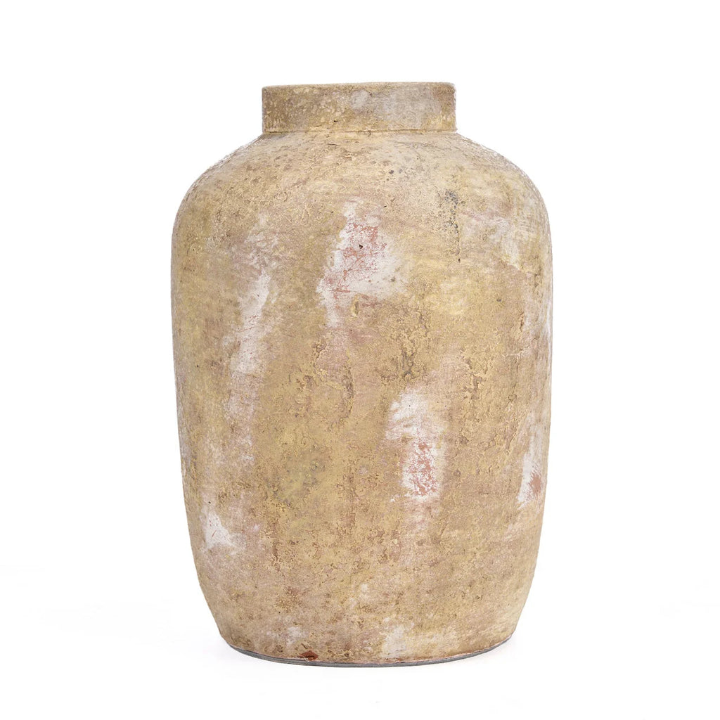Vase décoratif en terre cuite patinée crème, forme jarre H30 cm, texturé rustique beige