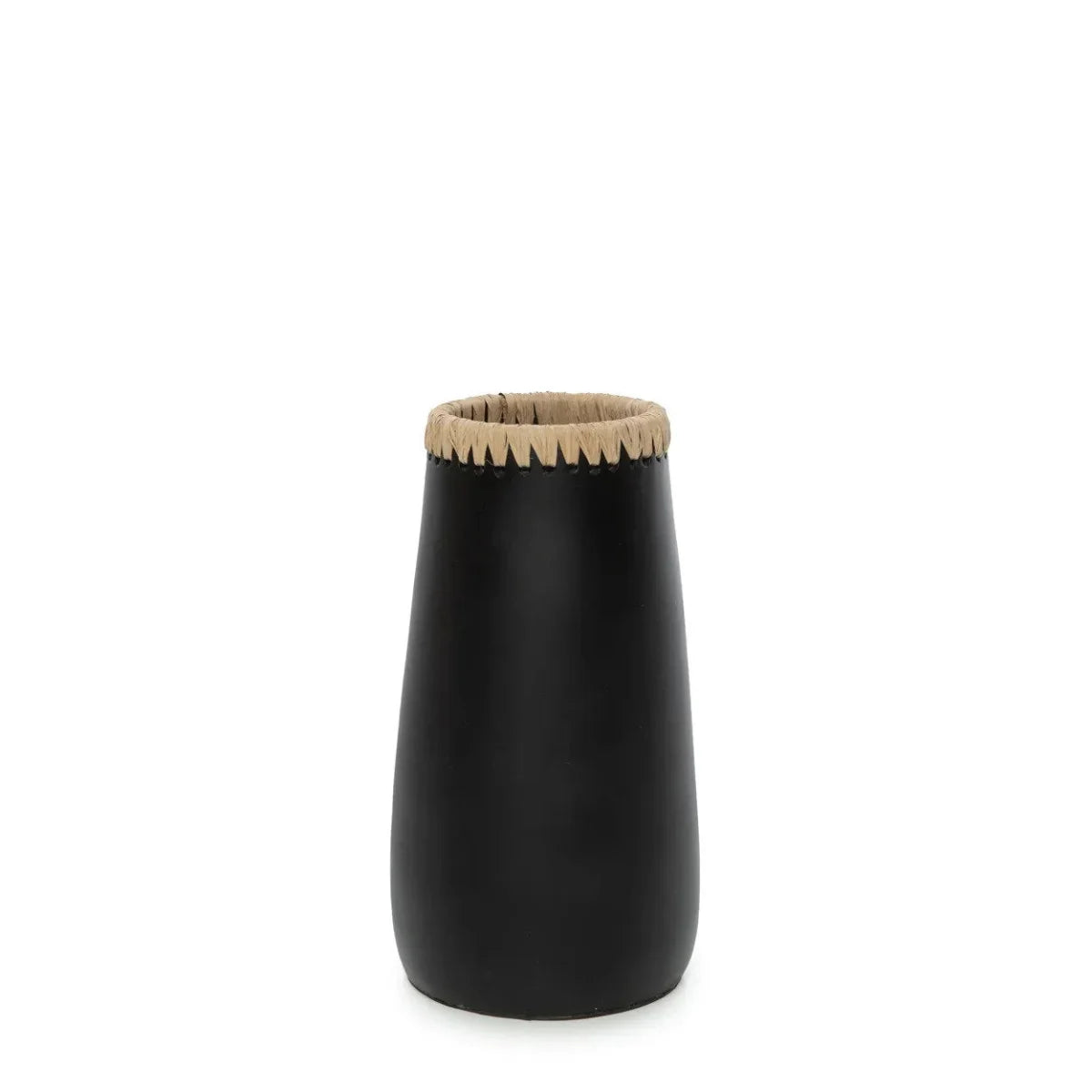 Vase décoratif en terre cuite noir avec bordure en raphia beige 26 cm