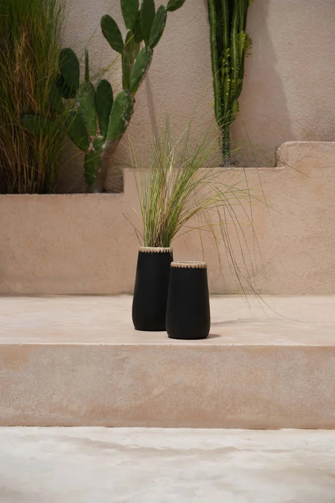 Vases noirs avec plantes semblables à de la paille pour la décoration intérieure